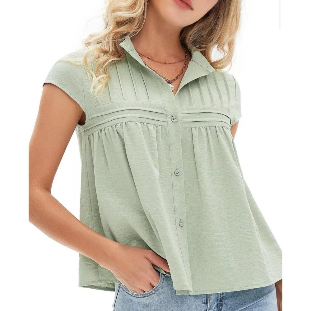 EXLURA Womens Blouse Green‎ Button Up Cap Sleeve Size XL  Casual Office Career